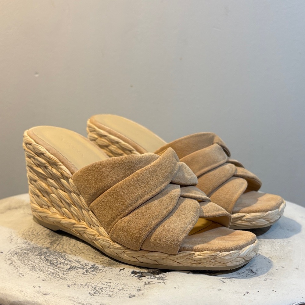 Vince Blonde Suede Gilian Square Toe Woven Strap Espadrille Wedge Heel Sandals 7